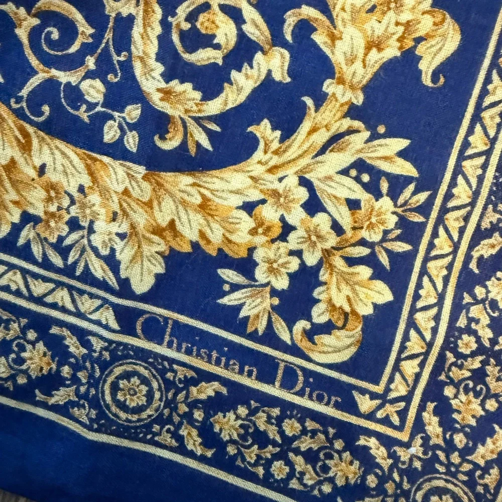 Dior Royal Blue and Gold Floral Scarf